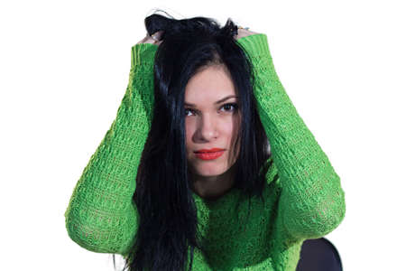 Girl in green sweater - isolated photo portraitの写真素材