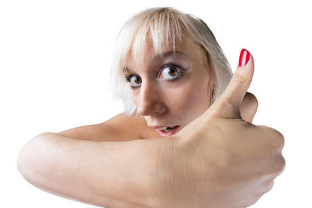 Girl with thumb up!  isolated on white の写真素材