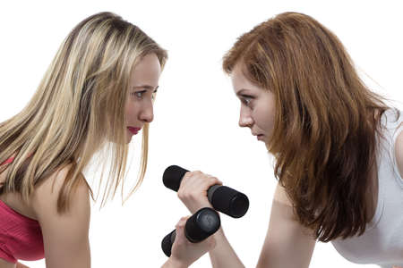 Two girls do fitness - isolated photo portraitの写真素材