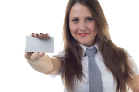 Businesswoman holding enmpty visit card - isolated photo portraitの写真素材
