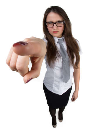 Beautiful happy businesswoman pointing at camera isolated on a white backgroundの写真素材