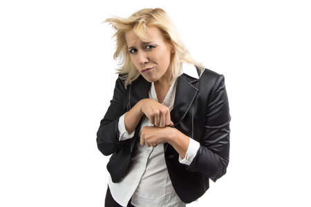 Portrait of blond business woman fool around on white backgroundの写真素材
