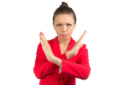 Portrait of banning business woman in red jacketの写真素材