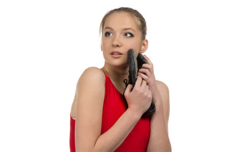 Photo of emotional young dancer on white backgroundの写真素材