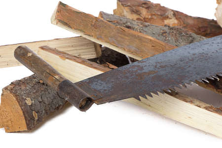 Image of handsaw and woods on white background