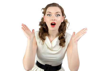 Photo of surprised woman with open mouth on white backgroundの写真素材