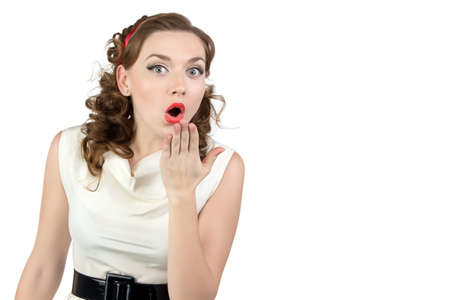 Image of very surprised woman with hand on white background