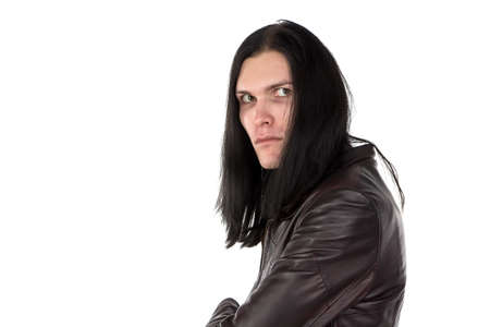 Image of informal man in leather coat on white backgroundの写真素材