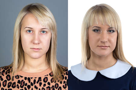 Portrait of young woman before and after make up - isolated photoの写真素材