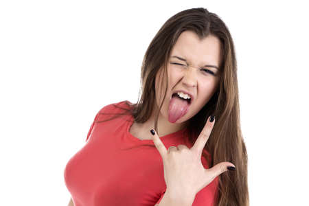 Photo of teenage girl with open mouth on white background