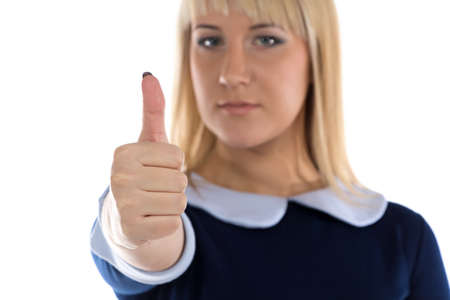Photo of business woman with thumb up on white background