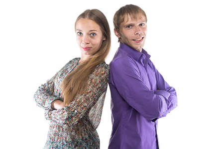 Image of woman and man standing back-to-back on white background