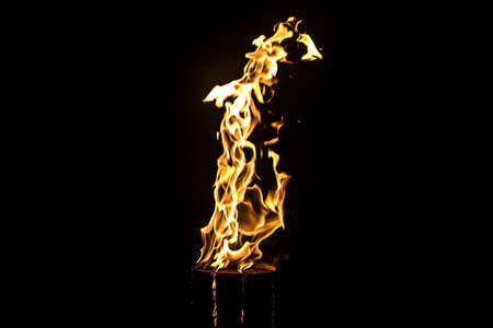 Image of glowing log, flame by night on black backgroundの写真素材