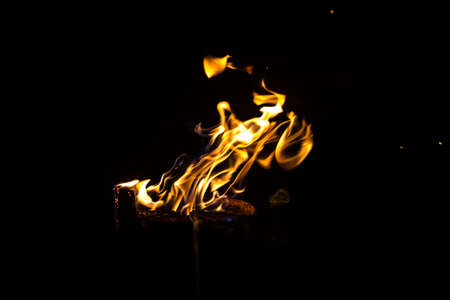 Photo of blazing log by night on black backgroundの写真素材