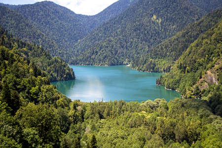 Photo of blue mountain lake, landscape in summerの写真素材