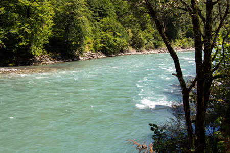 Image of blue clean water in mountain river, summerの写真素材