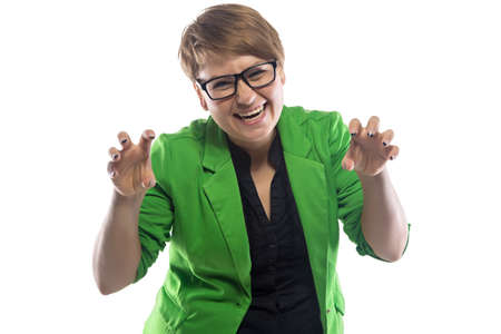 Photo of roaring woman on white backgroundの写真素材