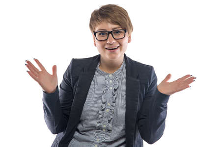 Image of happy pudgy woman with open hands on white background