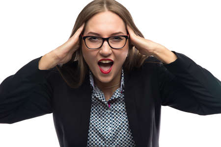 Photo of tired and screaming businesswoman on white background