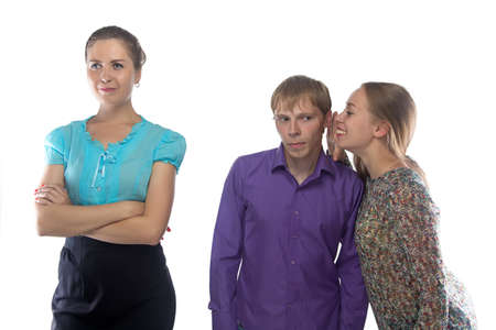 Image two gossiping woman and man on white background