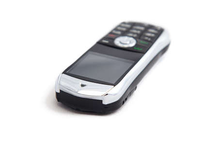 Image of silver mobile telephone on white backgroundの写真素材