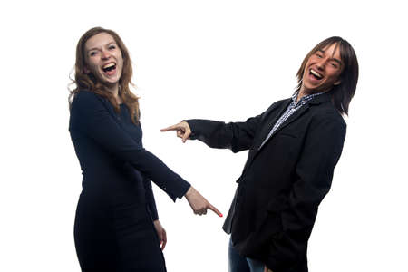Laughing woman and man on white backgroundの写真素材