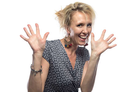Portrait of happy woman on white background. Isolated photo on white background.の写真素材