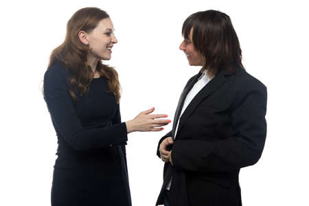 Woman and man in black jacket talking. Isolated photo with white background.