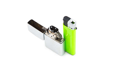 Iorn and plastic lighters on white background. Isolated photo of an object with white background.の写真素材