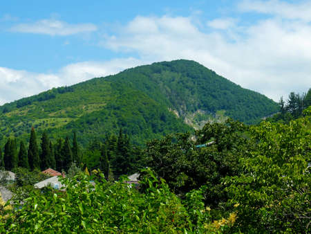 Mountains, blue sky and green trees, in the summerの写真素材