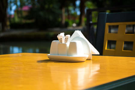 Salt and papper on the table. Travel photo in the summer.の写真素材