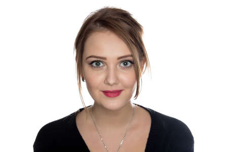 Portrait of young blond woman on white background