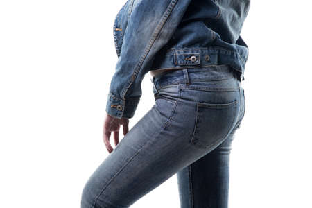 Woman in jeans clothes, profile on white background