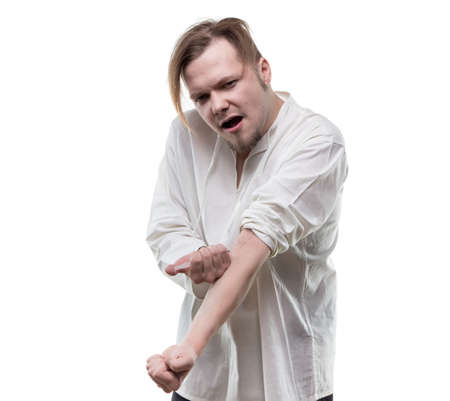 Addict blond man with heroin syringe