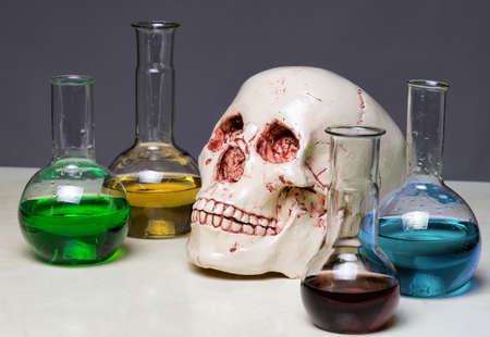Photo of human's scull in laboratory closeup shootingの写真素材