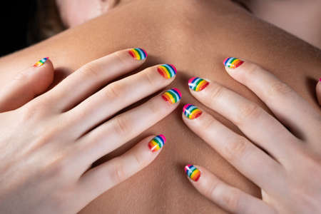 Picture of hugging two nude lesbian womenの写真素材