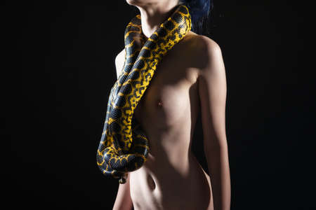 Photo of girl topless with yellow anakonda on black backgroundの写真素材