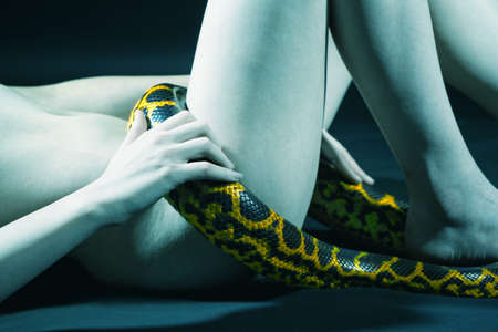 Shot of lying naked girl with yellow anakonda on her hipsの写真素材
