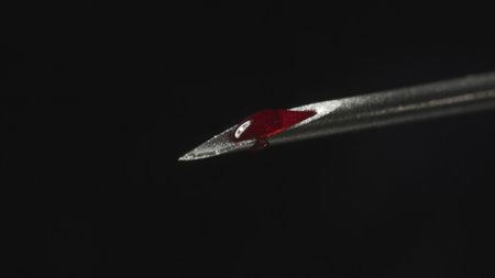 Photo of syringe needle with drop of red liquidの写真素材