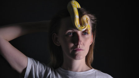 Photo of woman with pet python albino crawling on her headの写真素材