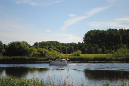 Boat on the river IJssel, Zwolle, The Netherlandsの写真素材