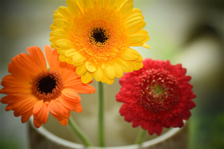 Gerbera flowers in a vase on the nature background.の写真素材