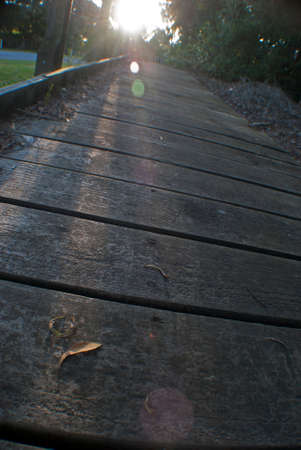 sunlight in the background of a wooden boardwalkの写真素材