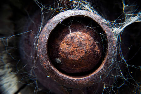 close up of a rusty metal bolt head from a wooden wagon wheel with cobwebs