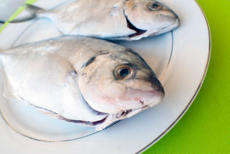 side on view of two fish on a plateの写真素材
