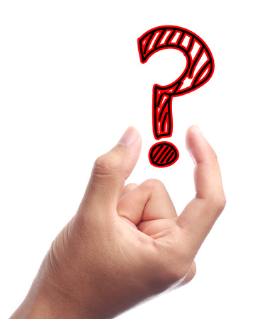 Question mark sign is holden by hand with white background isolated.の写真素材