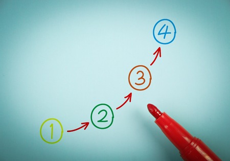 Step by step concept is on blue paper with a red marker aside.の写真素材