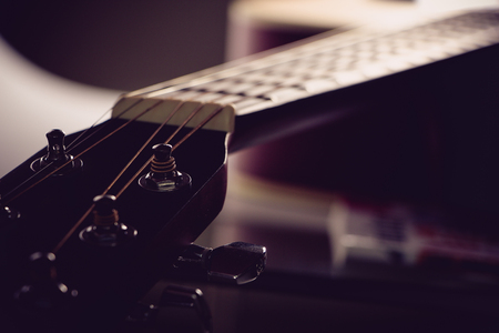Closeup shot photo of the acoustic guitar.の写真素材