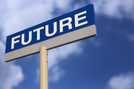 Future Road Sign with cloudy blue sky background.の写真素材