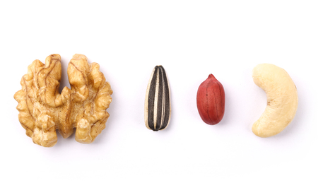 Collection of nuts: Walnut, Sunflower Seeds, Peanut Kernels, Cashew Nuts.の写真素材